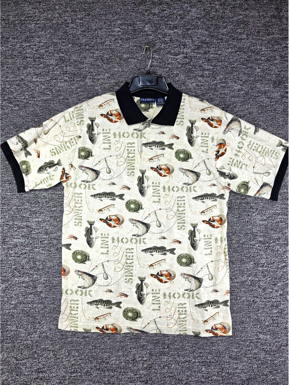 Puritan White/Black/Green Cotton Polo Shirt SS Men’s XL Fish Fishing Graphic